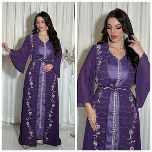 رمضان المرأة المسلمة الماس كيمونو جلابية عباية فستان طويل مجموعة 2 قطعة دبي قفطان تركيا رداء عيد جلابة ماروكين ثوب البدلة