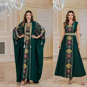 2025 عيد مسلم 2 قطعة مجموعة فساتين التطريز النسائية المفتوحة عباية دعوى جلابية رمضان دبي قفطان حفلة فيستدوس سترة رداء