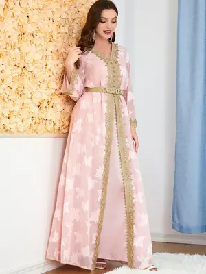 2 قطعة مجموعات مسلمة للنساء رمضان التطريز العربية كيمونو عباية فستان رسمي جلابية إسلامية الملابس قفطان مغربي 2025