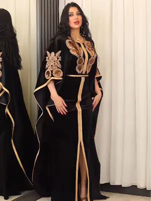 فستان طويل من المخمل الذهبي لرمضان ، موضة فاخرة ، أكمام الخفافيش ، مغربي ، تركي ، دبي ، الشرق الأوسط ، عربي ، ترتر