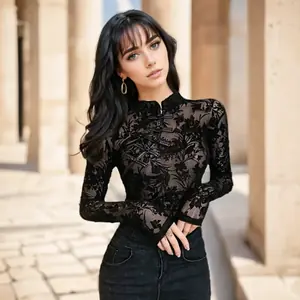 قميص نسائي أنيق من الدانتيل الشبكي على الطراز الصيني ، قمم غير رسمية ، مجوف ، نحيف ، كلاسيكي ، كم طويل ، مثير ،