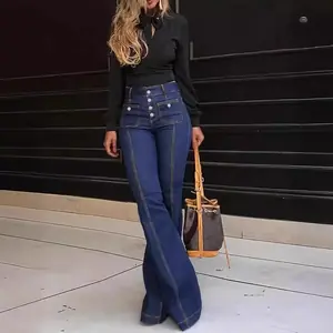 سليم صالح جرس أسفل الجينز عالية الخصر الربط المألوف حجم كبير المرأة السراويل الطويلة مثير فتاة السراويل الطويلة عادية الدنيم