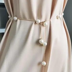 حزام لؤلؤ معدني قابل للتعديل للنساء ، سلسلة رفيعة أنيقة ، حزام خصر نحيف ، ذهب وفضة ، فستان نسائي ، مجوهرات زخرفية