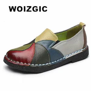 WOIZGIC المرأة السيدات أنثى امرأة حذاء للأمهات الشقق حقيقية أحذية جلدية بدون كعب الأخفاف مختلط ملون عدم الانزلاق على حجم كبير 42